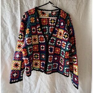 Vtg Paris Sport Club Hand Knitted Cardigan Sweater Granny Square Crochet Quilt